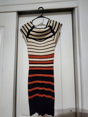 Striped Rib-Knit Midi Dress in Cream, Black & Orange